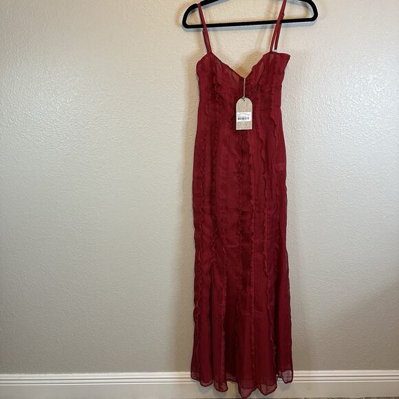 NWT MESHKI Maxi Slip Dress Very High Slit Size XS Red Ruffles Cocktail Holiday - Picture 4 of 12